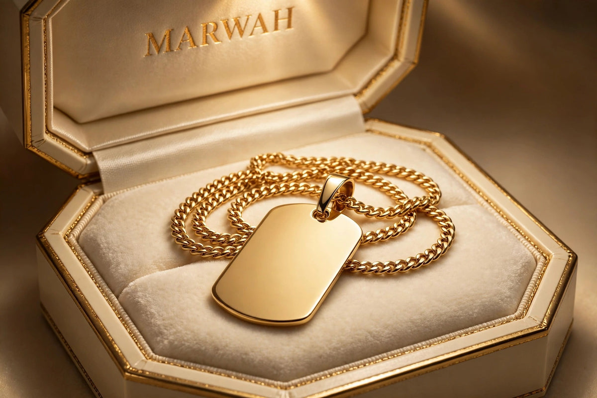 Gold Dog Tag Pendant in the MARWAH ivory box