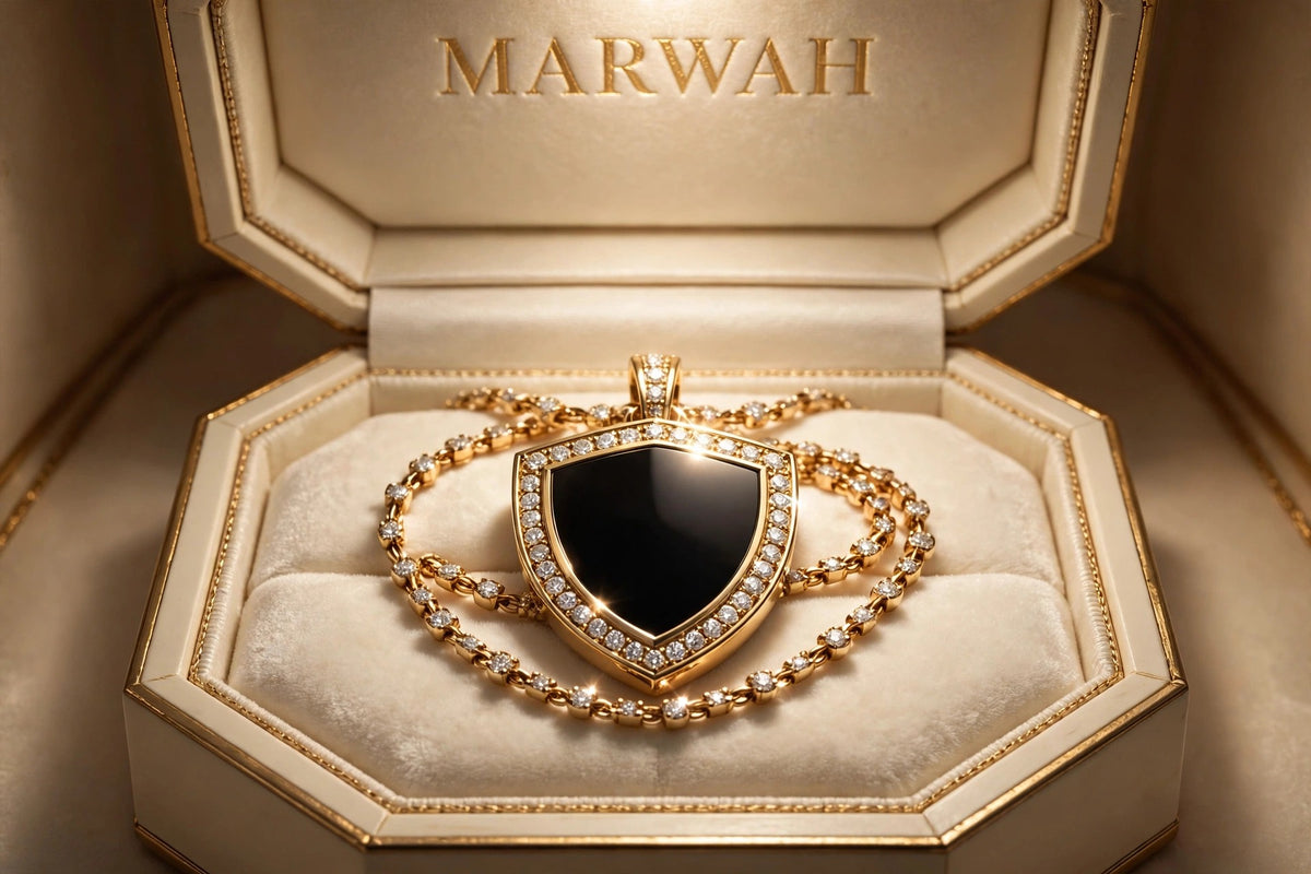 Onyx Shield Pendant in the MARWAH ivory box