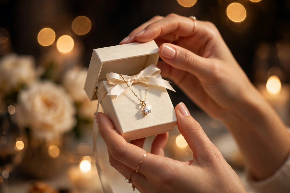 Hands opening a cream MARWAH gift box revealing a gold necklace with a lab-grown diamond pendant, surrounded by warm birthday celebration lights and white roses