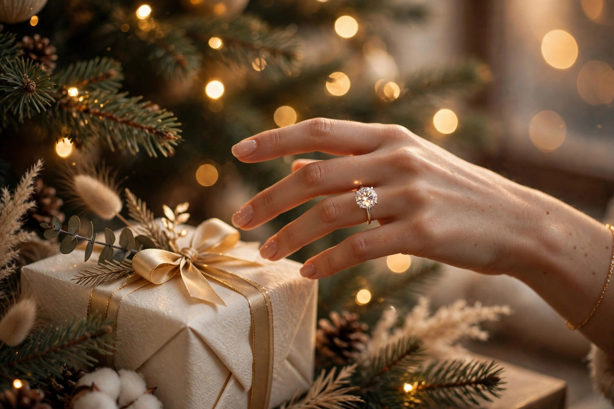 Woman's hand wearing a MARWAH lab-grown diamond engagement ring reaching for a Christmas gift beside a decorated Christmas tree