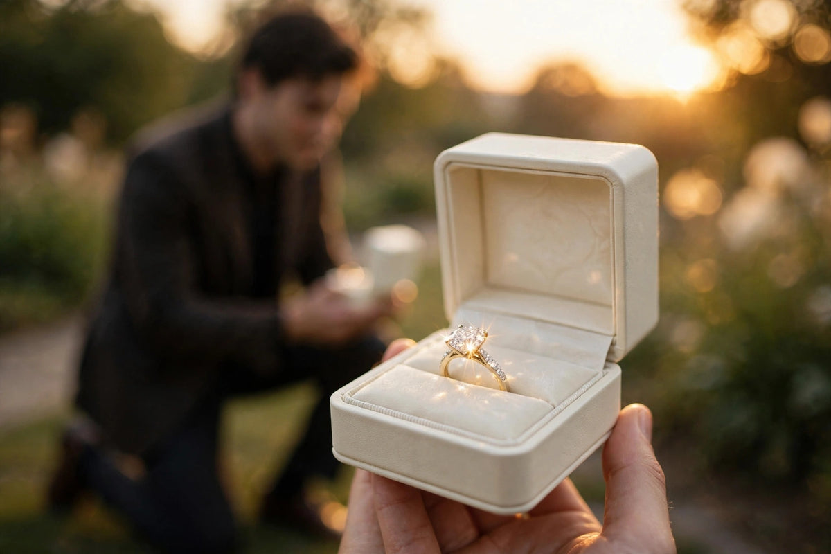 Man proposing at sunset while a hand presents an open ring box with a sparkling MARWAH lab-grown diamond engagement ring