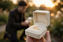 Man proposing at sunset while a hand presents an open ring box with a sparkling MARWAH lab-grown diamond engagement ring