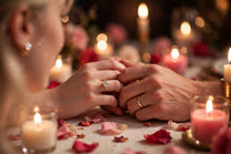 Couple holding hands over a candlelit Valentine's Day dinner table scattered with rose petals, the woman wearing a MARWAH lab-grown diamond engagement ring