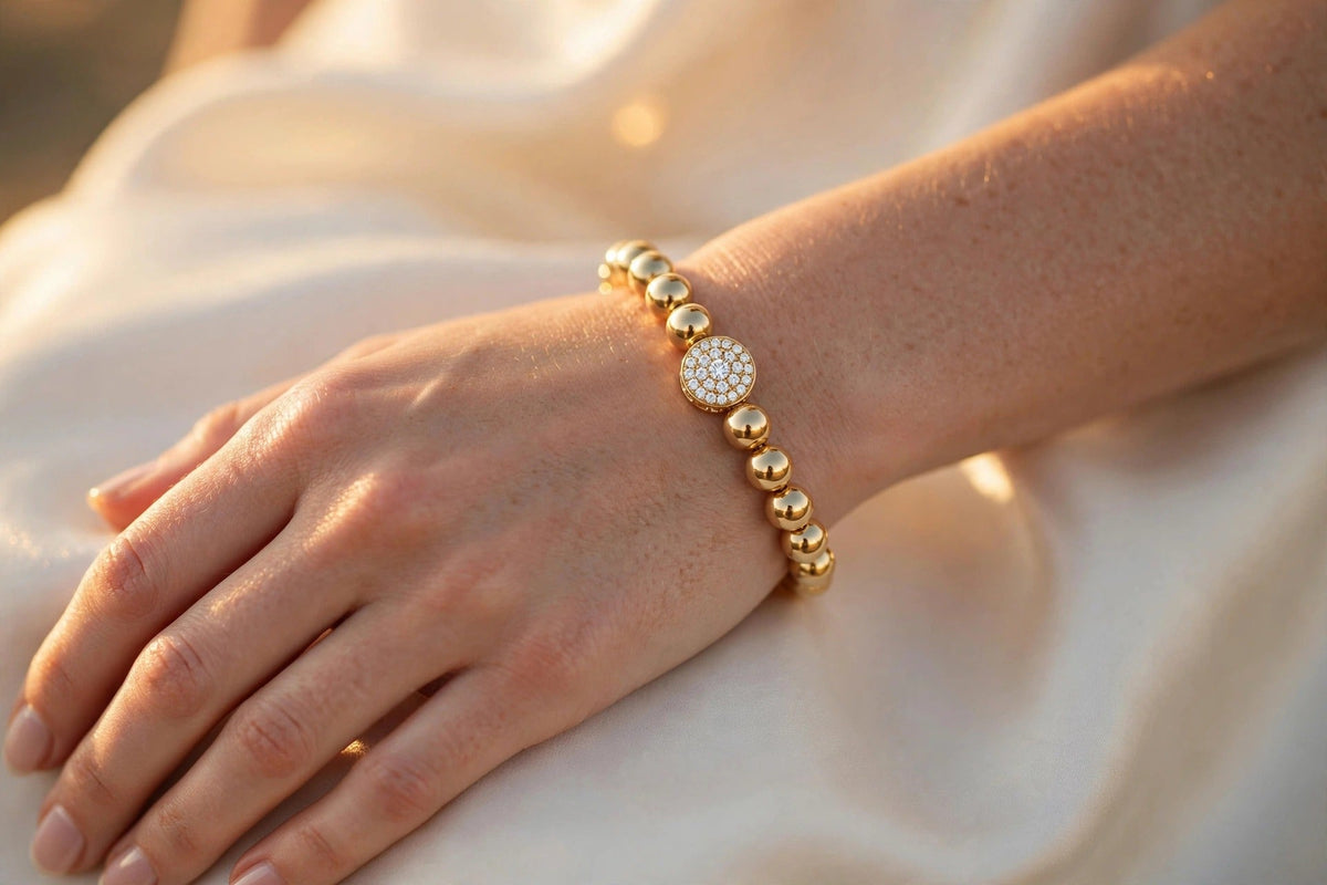 Gold Bead Diamond Rondelle Bracelet lifestyle