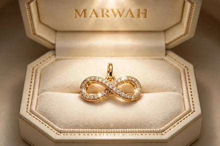 Anniversary Infinity Charm in the MARWAH ivory box