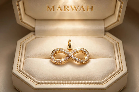 Anniversary Infinity Charm in the MARWAH ivory box