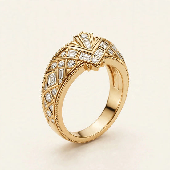 Art Deco Diamond Band, baguette and round diamonds in a geometric milgrain pattern in yellow gold, front view.