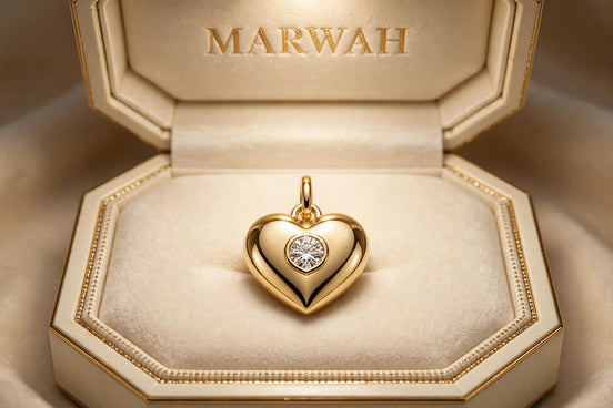 New Baby Heart Charm in the MARWAH ivory box