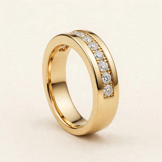 Channel-Set Diamond Band, channel-set round diamonds in yellow gold, front view.