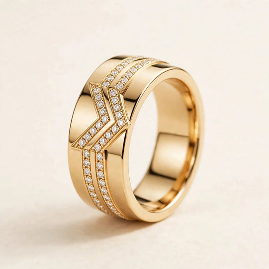 Chevron Diamond Band, double chevron of pavé diamonds in yellow gold, front view.