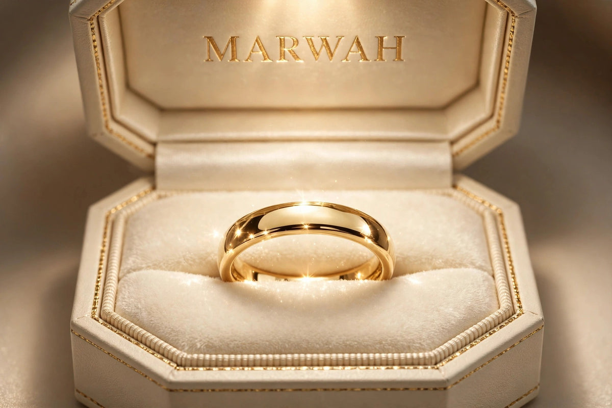 Classic Polished Gold Band in the MARWAH ivory box