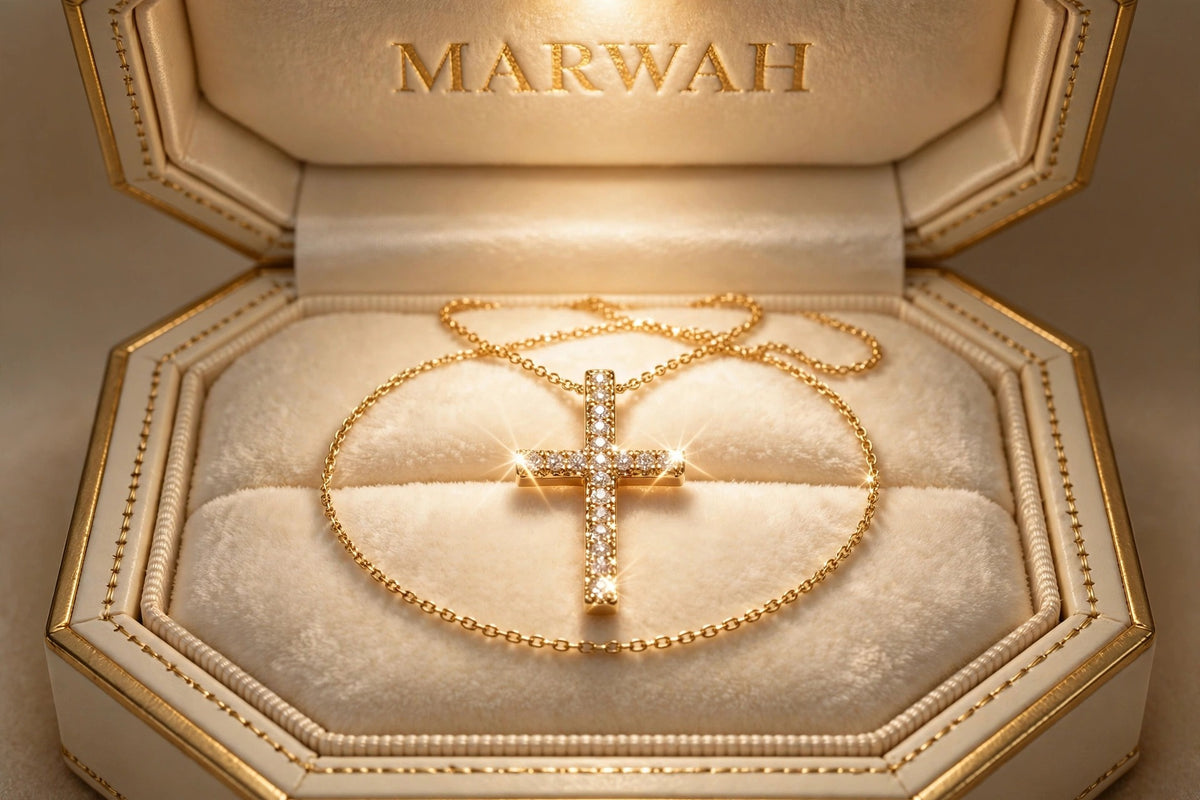 Delicate Diamond Cross Pendant in the MARWAH ivory box