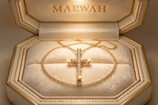 Delicate Diamond Cross Pendant in the MARWAH ivory box