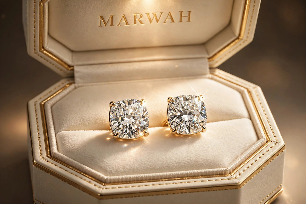 Cushion-Cut Diamond Studs in the MARWAH ivory box