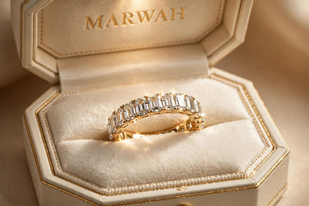 Emerald-Cut Eternity Band in the MARWAH ivory box
