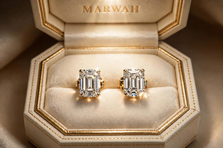 Emerald-Cut Diamond Studs in the MARWAH ivory box
