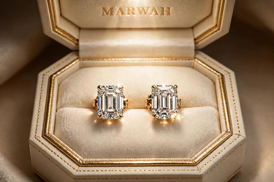 Emerald-Cut Diamond Studs in the MARWAH ivory box