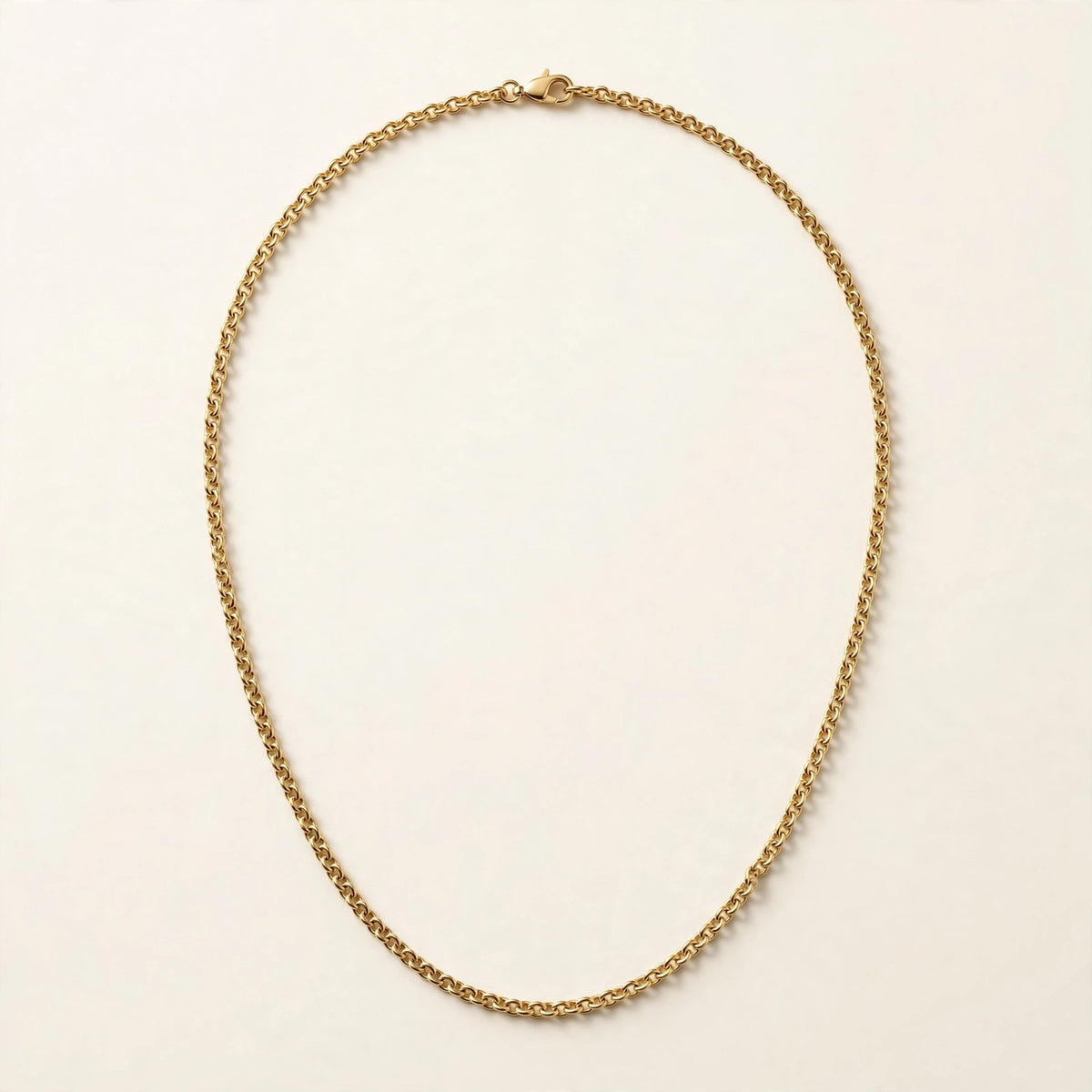 Fine Cable Chain, classic polished cable links in yellow gold, full view.