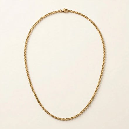 Fine Cable Chain, classic polished cable links in yellow gold, full view.