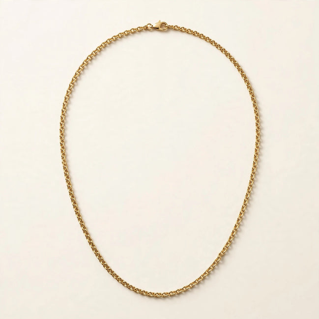 Fine Cable Chain, classic polished cable links in yellow gold, full view.