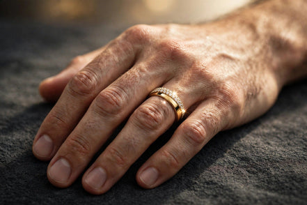 Half-pavé comfort-fit diamond band in yellow gold, worn on a man's ring finger — MARWAH