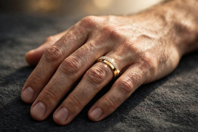 Half-pavé comfort-fit diamond band in yellow gold, worn on a man's ring finger — MARWAH