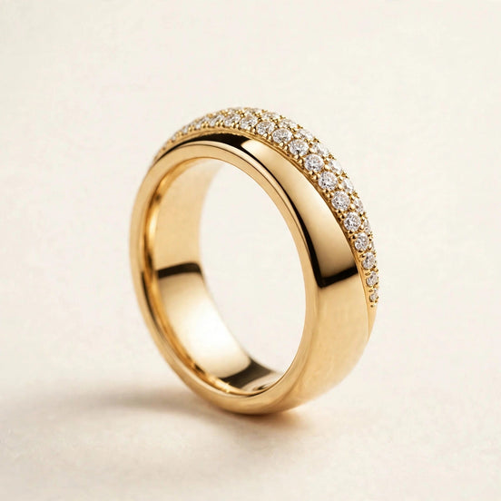 Half-Pavé Comfort-Fit Diamond Band, two staggered rows of pavé diamonds across the top half in yellow gold, front view.
