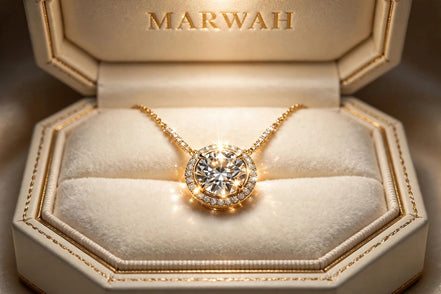 Diamond Halo Pendant in the MARWAH ivory box