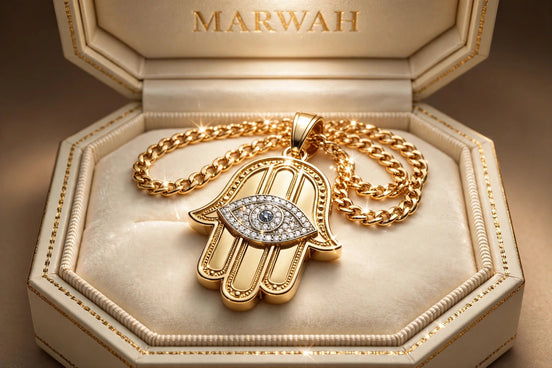 Hamsa Diamond Pendant in the MARWAH ivory box