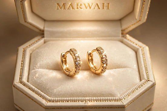 Diamond Huggie Hoops in the MARWAH ivory box