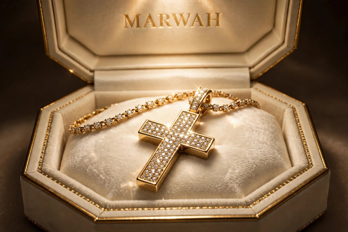 Diamond Cross Pendant in the MARWAH ivory box