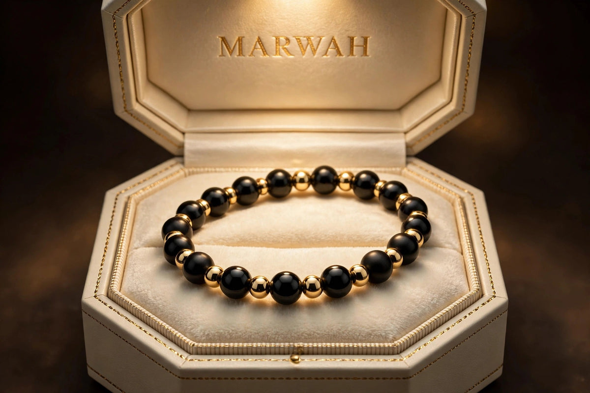Onyx and Gold Bead Bracelet in the MARWAH ivory box