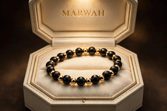 Onyx and Gold Bead Bracelet in the MARWAH ivory box