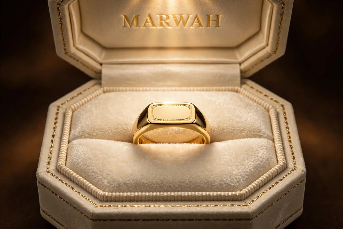 Classic Gold Signet Ring in the MARWAH ivory box