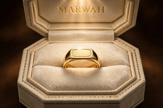 Classic Gold Signet Ring in the MARWAH ivory box