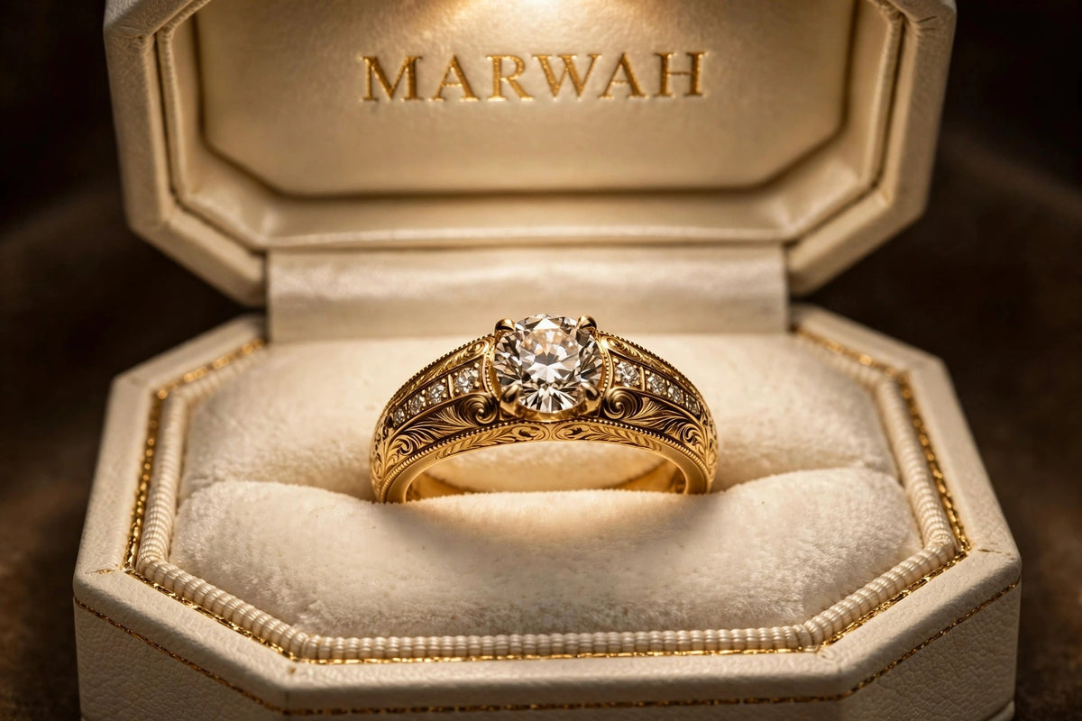 Vintage Engraved Diamond Ring in the MARWAH ivory box