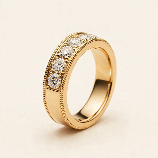 Milgrain Diamond Band, round diamonds with milgrain edging in yellow gold, front view.