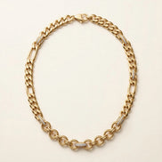 Mixed-Link Diamond Chain, alternating curb, figaro, and round links with pavé accent links in yellow gold, full view.