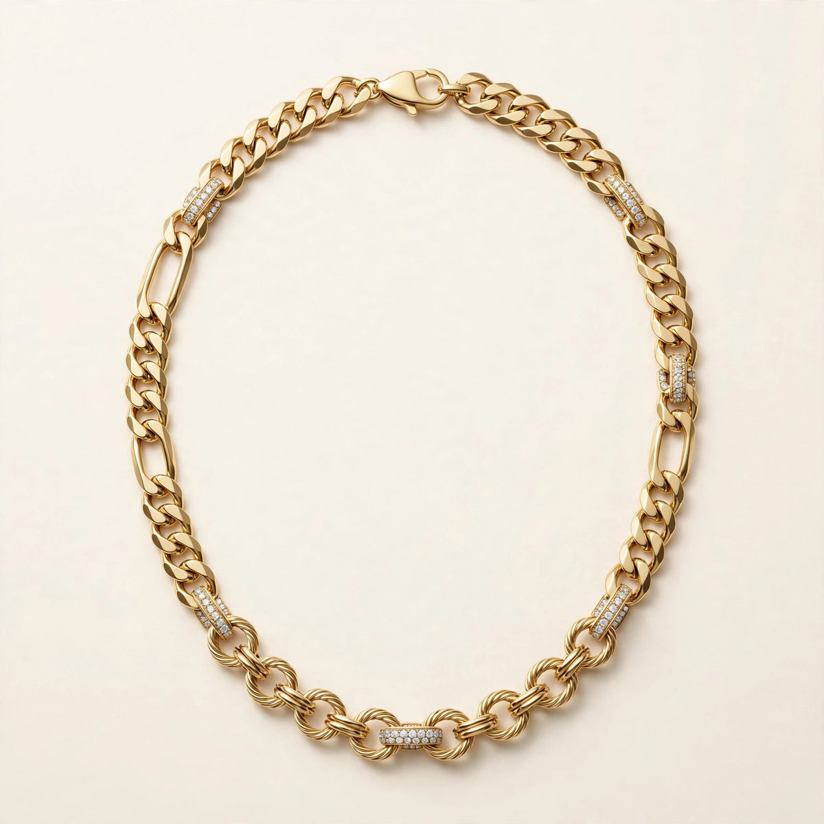 Mixed-Link Diamond Chain, alternating curb, figaro, and round links with pavé accent links in yellow gold, full view.