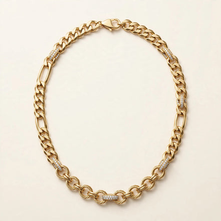 Mixed-Link Diamond Chain, alternating curb, figaro, and round links with pavé accent links in yellow gold, full view.