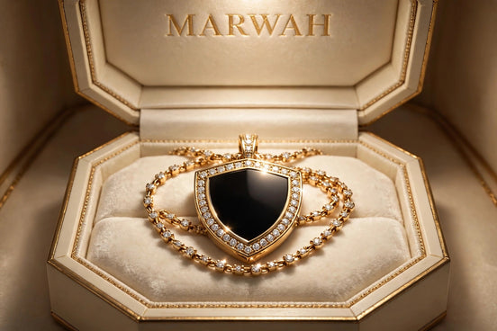 Onyx Shield Pendant in the MARWAH ivory box