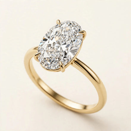 Oval Solitaire Ring, elongated oval lab-grown diamond in a four-prong setting on a plain band in yellow gold, front view.