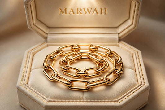 Chunky Gold Paperclip Bracelet in the MARWAH ivory box