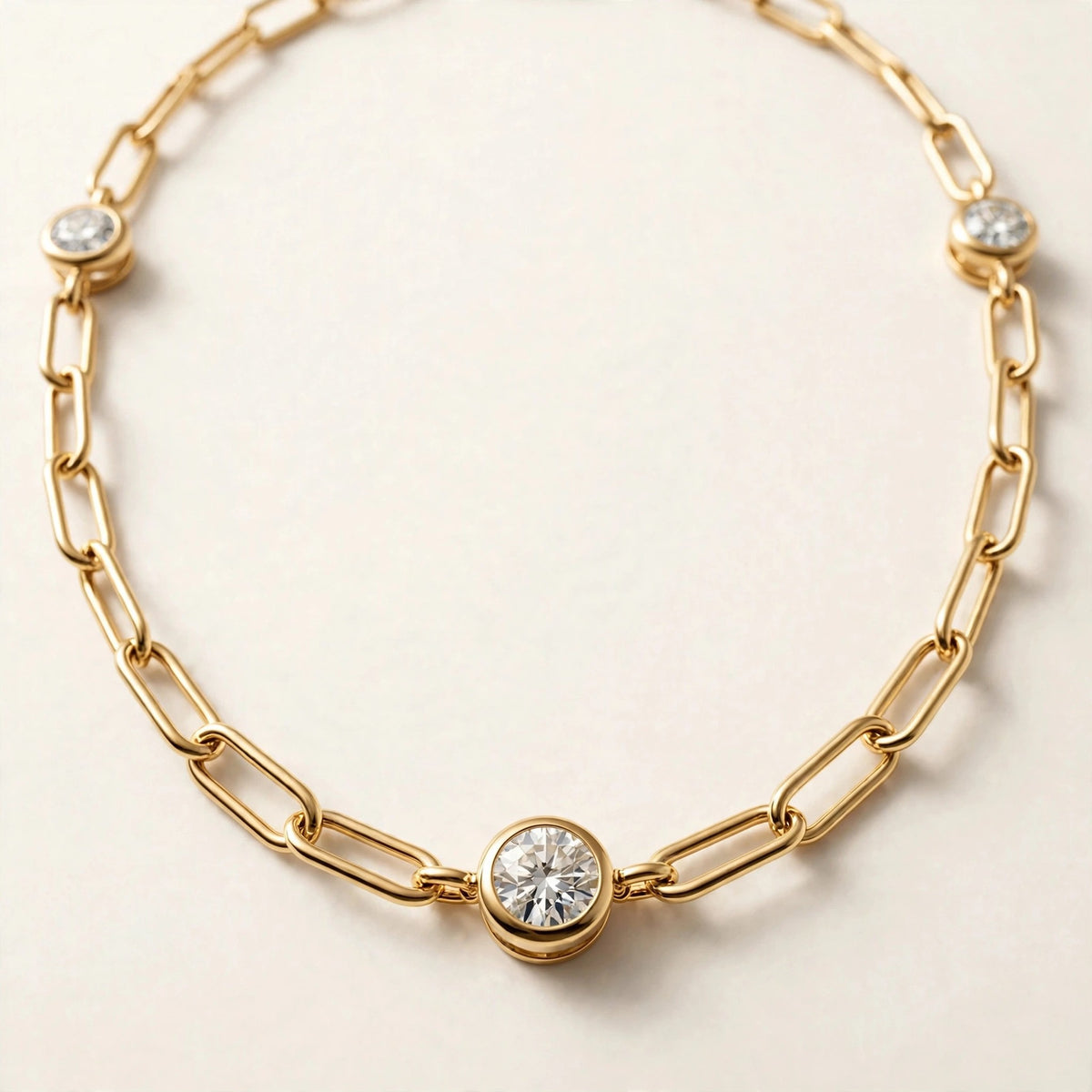 Paperclip Chain with Diamond Stations, elongated paperclip links with five bezel-set round diamonds in yellow gold, detail view.