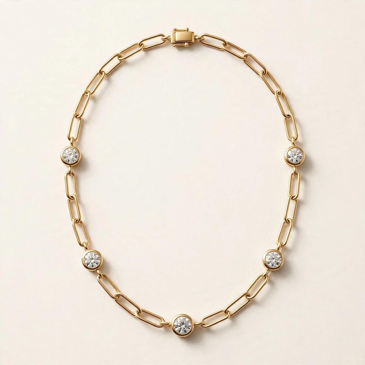 Paperclip Chain with Diamond Stations, elongated paperclip links with five bezel-set round diamonds in yellow gold, full view.