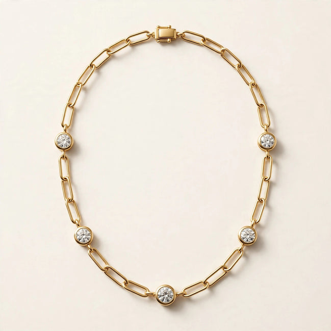 Paperclip Chain with Diamond Stations, elongated paperclip links with five bezel-set round diamonds in yellow gold, full view.