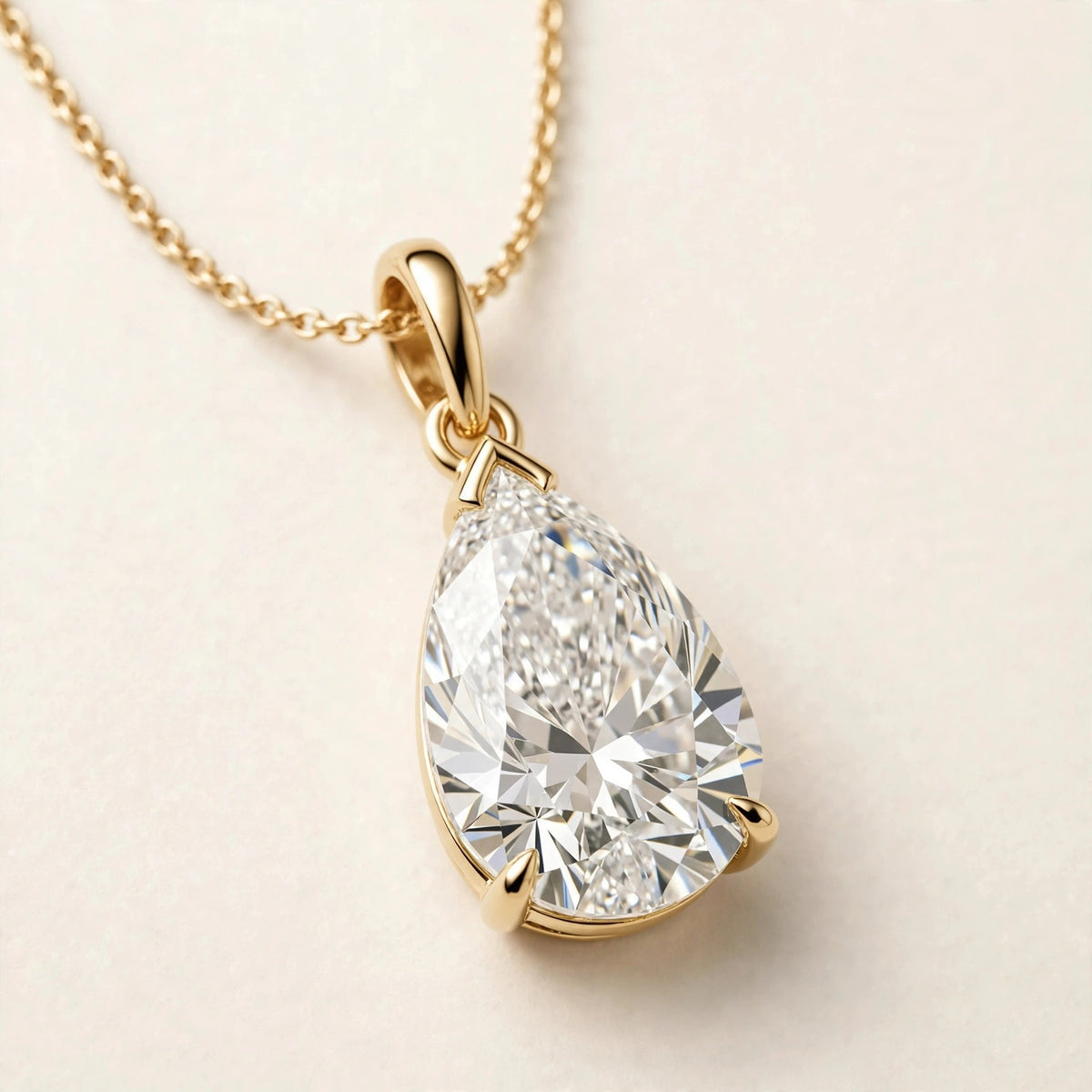Pear Solitaire Pendant, pear-shaped diamond with point up in yellow gold, pendant detail view.