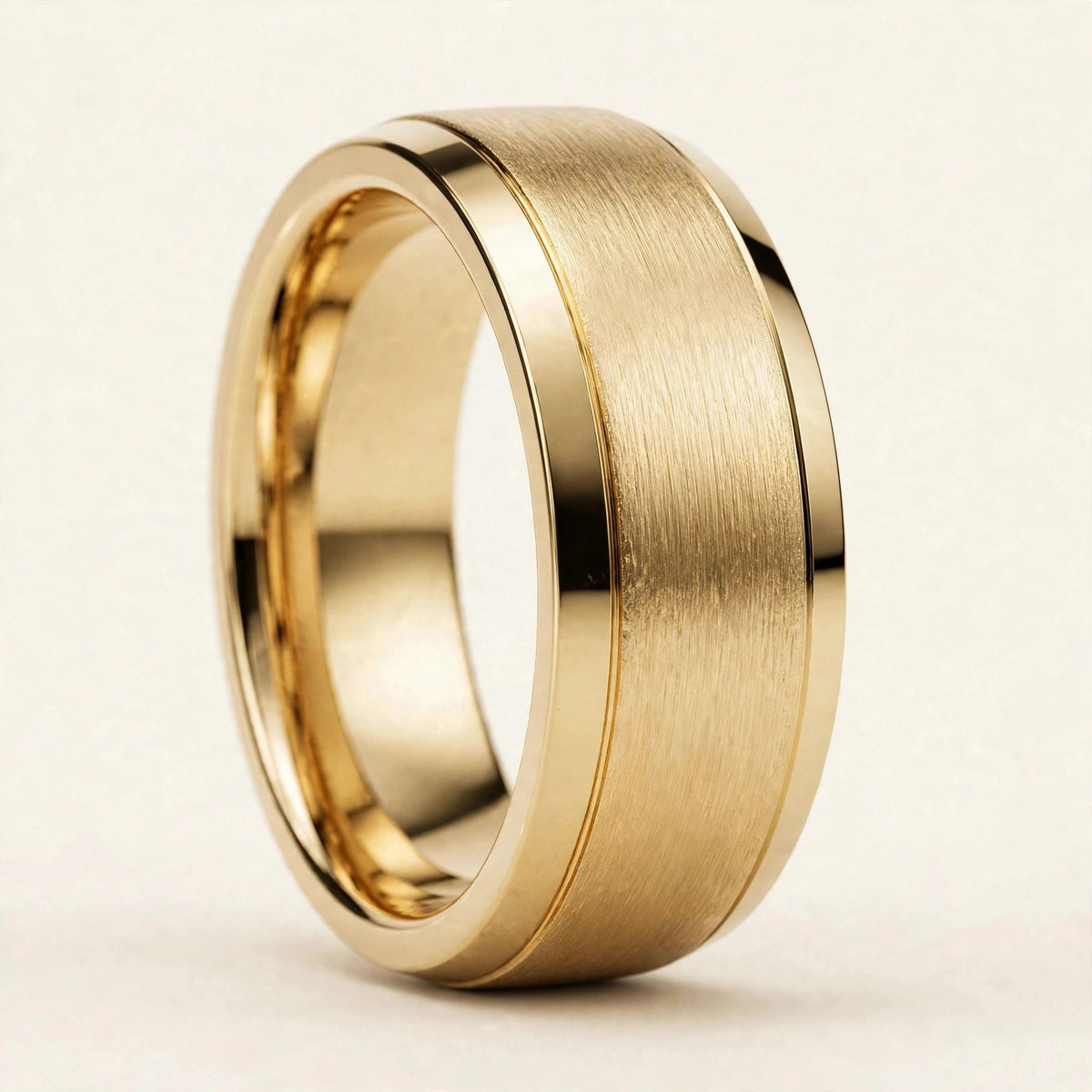 Satin Gold Band with Polished Edges, brushed satin center with polished beveled edges in yellow gold, three-quarter detail view.
