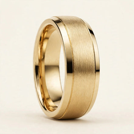 Satin Gold Band with Polished Edges, brushed satin center with polished beveled edges in yellow gold, front view.
