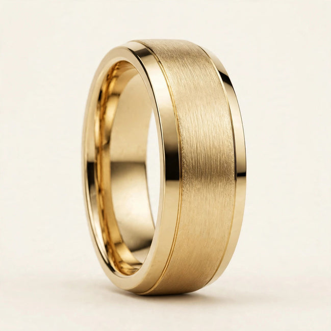 Satin Gold Band with Polished Edges, brushed satin center with polished beveled edges in yellow gold, front view.